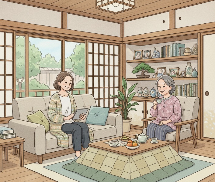 親と同居生活のリビング風景