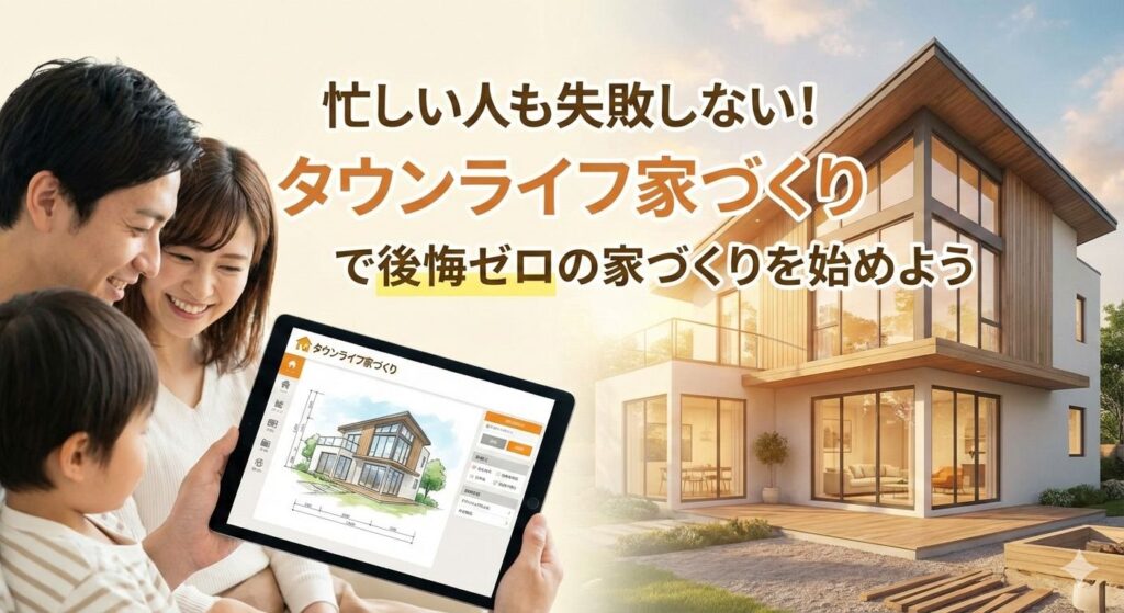 自宅でタブレットを使いタウンライフ家づくりのサービスを利用する家族。忙しい人でも失敗しない家づくりを表現した画像。