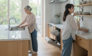 親と同居のキッチンで料理をする風景