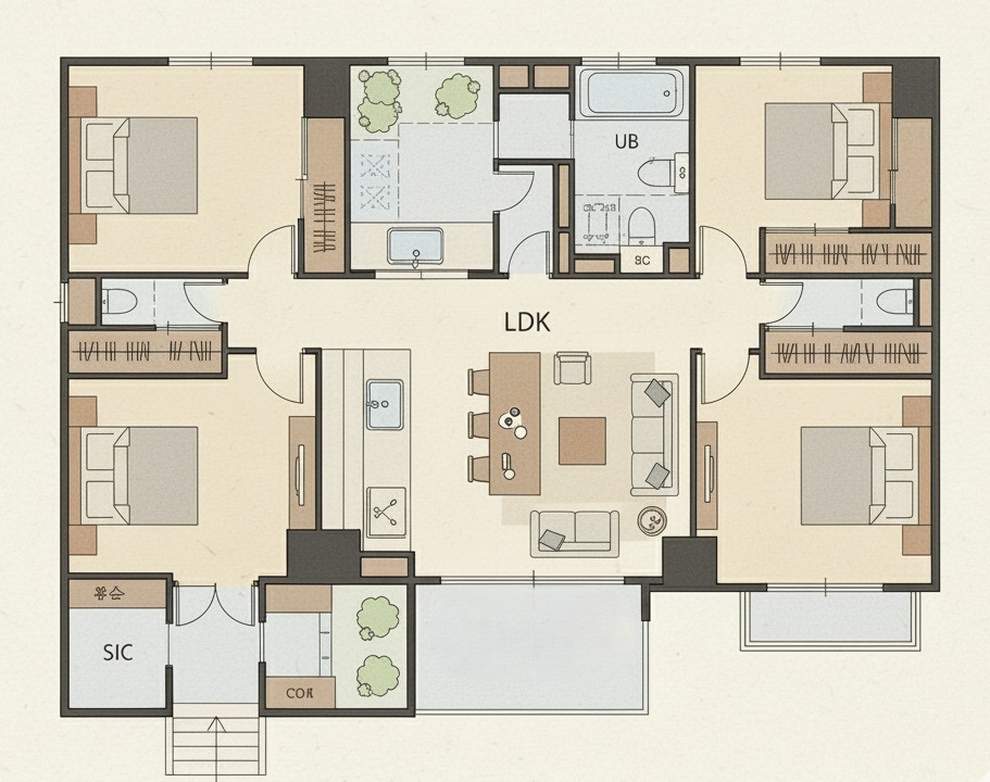3LDKファミリー向け家事動線が良い広々としたLDKの 間取り 図