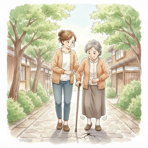 親と子が並んで歩いているが、親の足元が少しおぼつかない様子」のイラスト
